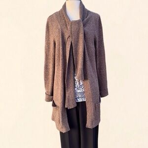 💖 Kensie Long Brown Knit Cardigan, Wrap Shawl Collar, Size L